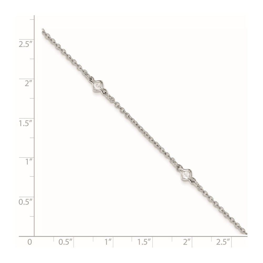 Sterling Silver Rhodium-Plated 9In Plus 1In Ext. 5 Station Cz Anklet