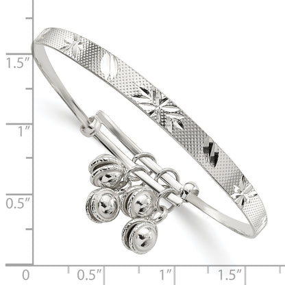 6 Inch Sterling Silver D/C & Textured Bells Adjustable Children'S Bangle Bracelet