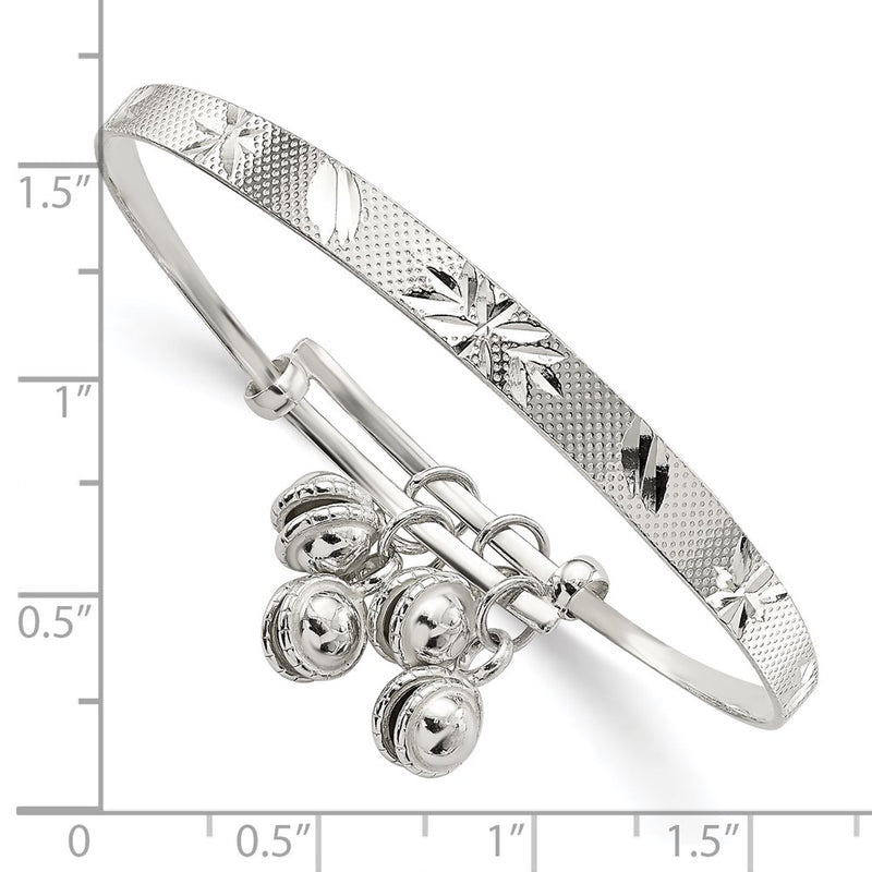 6 Inch Sterling Silver D/C & Textured Bells Adjustable Children'S Bangle Bracelet