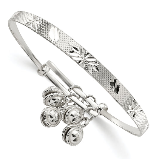 6 Inch Sterling Silver D/C & Textured Bells Adjustable Children'S Bangle Bracelet