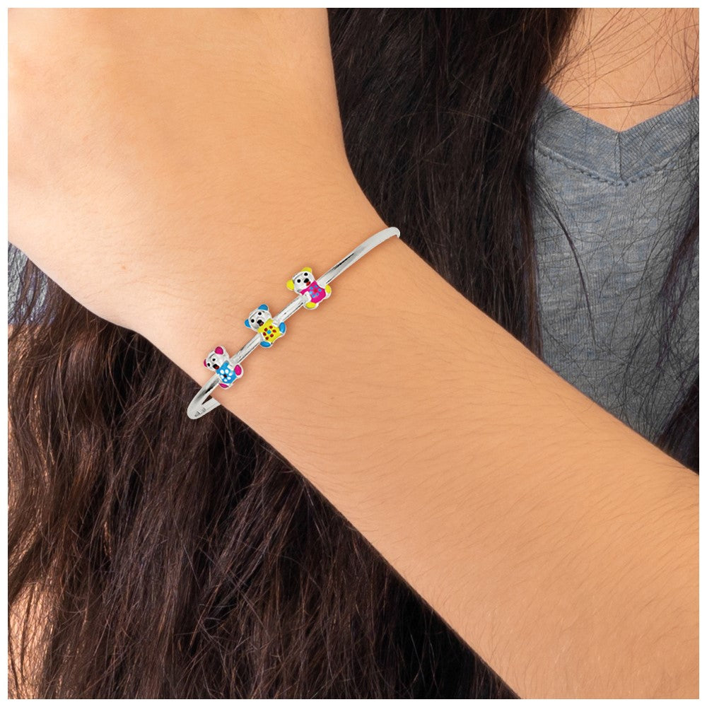 Sterling Silver Multi-Color Enamel Teddy Bear Adjustable Children'S Bangle