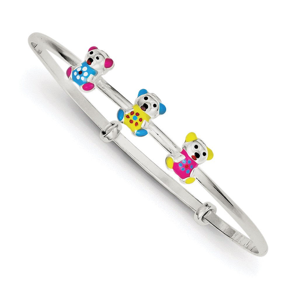 Sterling Silver Multi-Color Enamel Teddy Bear Adjustable Children'S Bangle