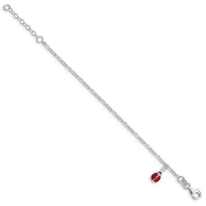 6 Inch Sterling Silver Polished Enameled Ladybug W/ 1In Ext. Childrens Bracelet