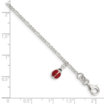 6 Inch Sterling Silver Polished Enameled Ladybug W/ 1In Ext. Childrens Bracelet