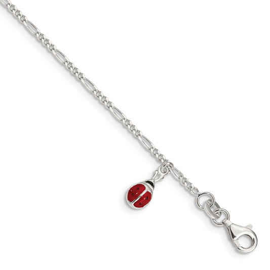 6 Inch Sterling Silver Polished Enameled Ladybug W/ 1In Ext. Childrens Bracelet