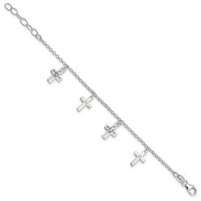 6 Inch Sterling Silver Polished Cz Crosses W/ 1In Ext. Children'S Bracelet