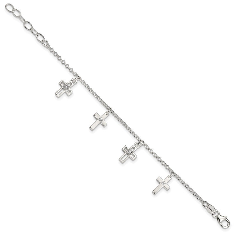 6 Inch Sterling Silver Polished Cz Crosses W/ 1In Ext. Children'S Bracelet