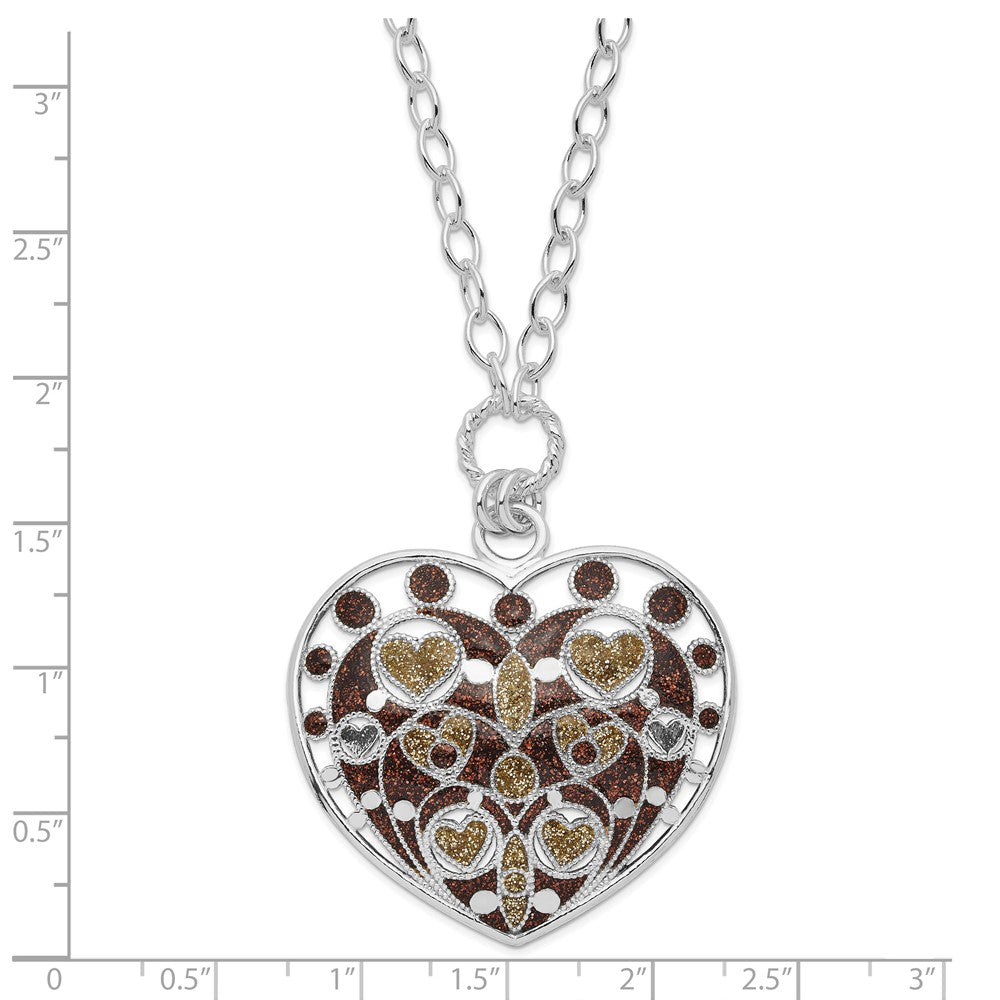 Sterling Silver Polished Gold-Tone & Brown Glitter Enamel Heart Necklace