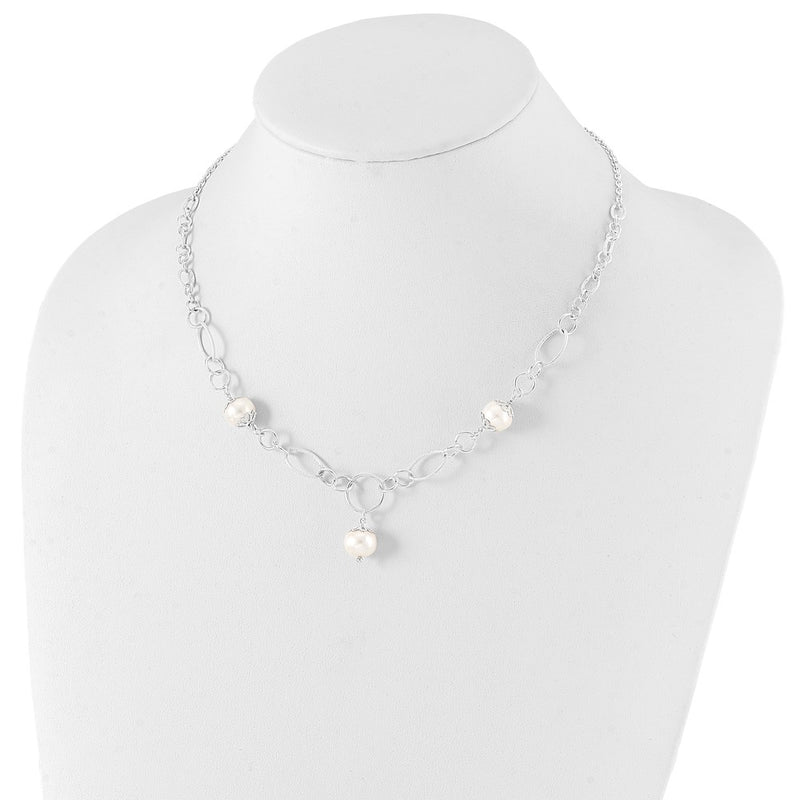 Sterling Silver Polished Fancy Simulated Pearl Drop Necklace