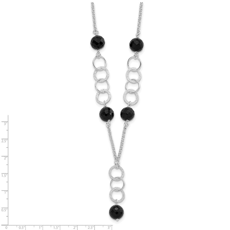 Sterling Silver Polished & Textured Black Bead Drop Necklace