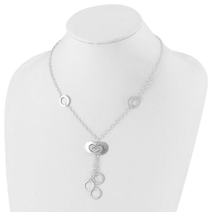 Sterling Silver Polished & Brushed Heart Circle Drop Necklace