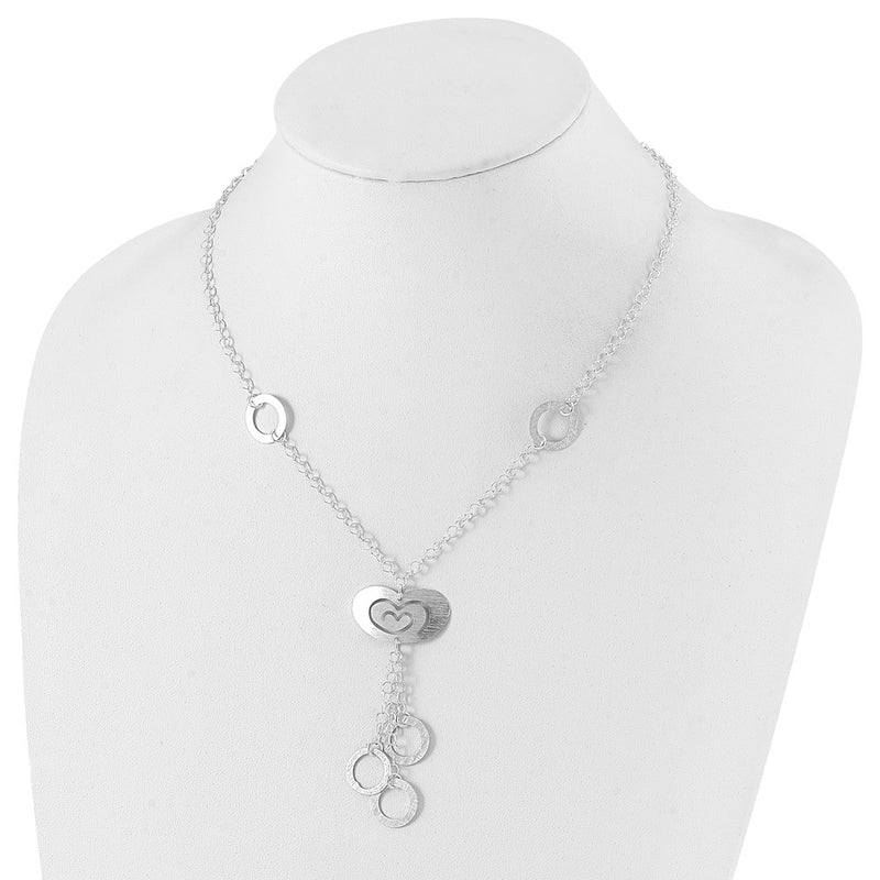 Sterling Silver Polished & Brushed Heart Circle Drop Necklace
