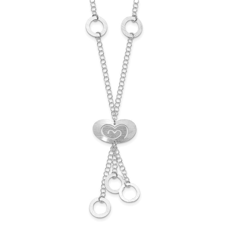 Sterling Silver Polished & Brushed Heart Circle Drop Necklace