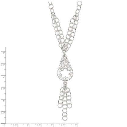 Sterling Silver Polished & Textured Floral Teardrop Necklace