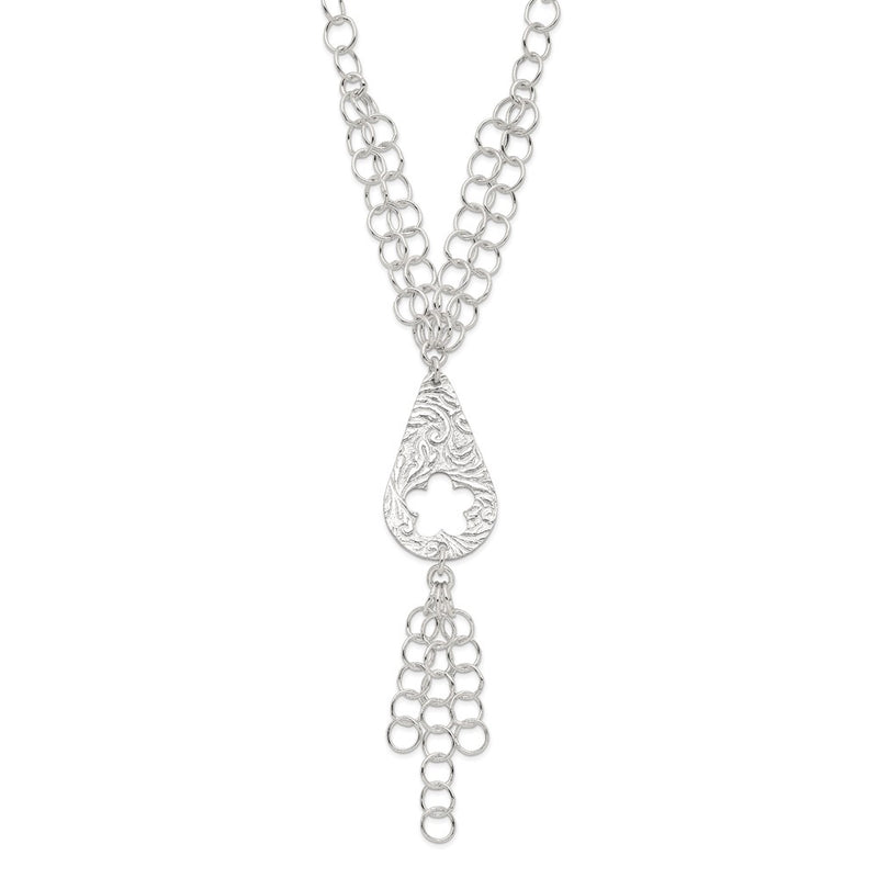Sterling Silver Polished & Textured Floral Teardrop Necklace