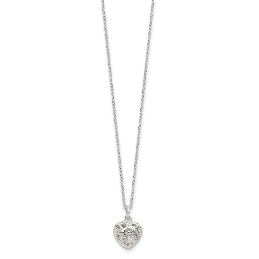 Sterling Silver Polished Puffed Filigree Heart 18 Inch Necklace