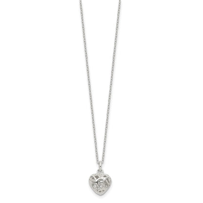 Sterling Silver Polished Puffed Filigree Heart 18 Inch Necklace