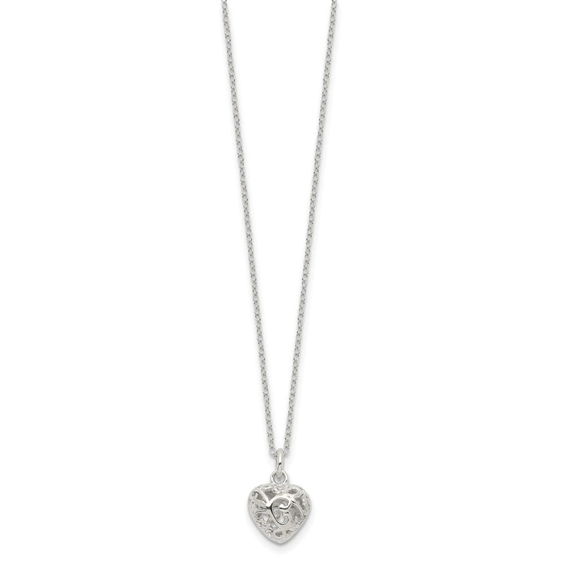 Sterling Silver Polished Puffed Filigree Heart 18 Inch Necklace
