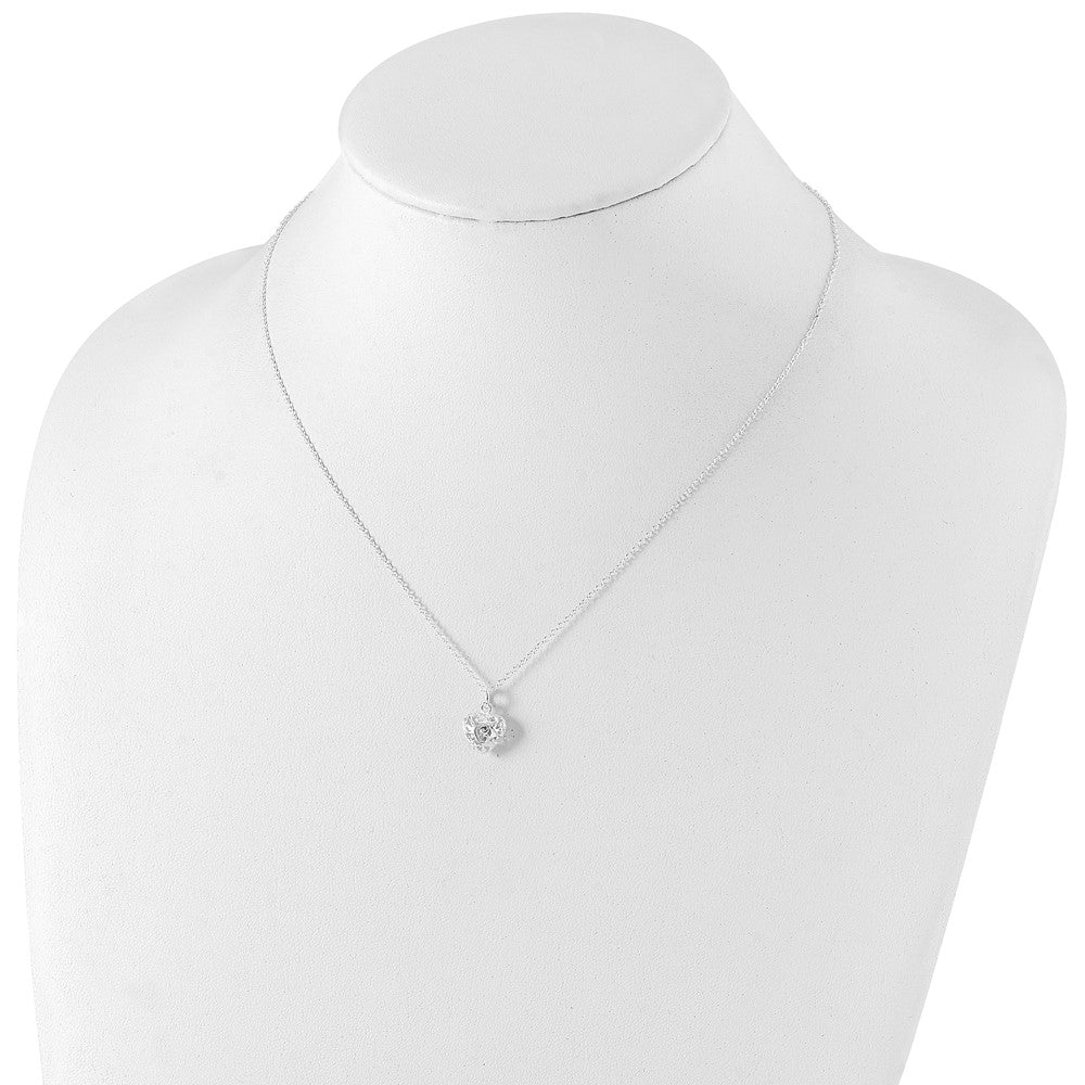 Sterling Silver Polished Puffed Filigree Heart 18 Inch Necklace