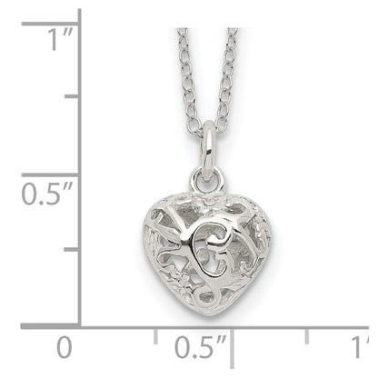 Sterling Silver Polished Puffed Filigree Heart 18 Inch Necklace