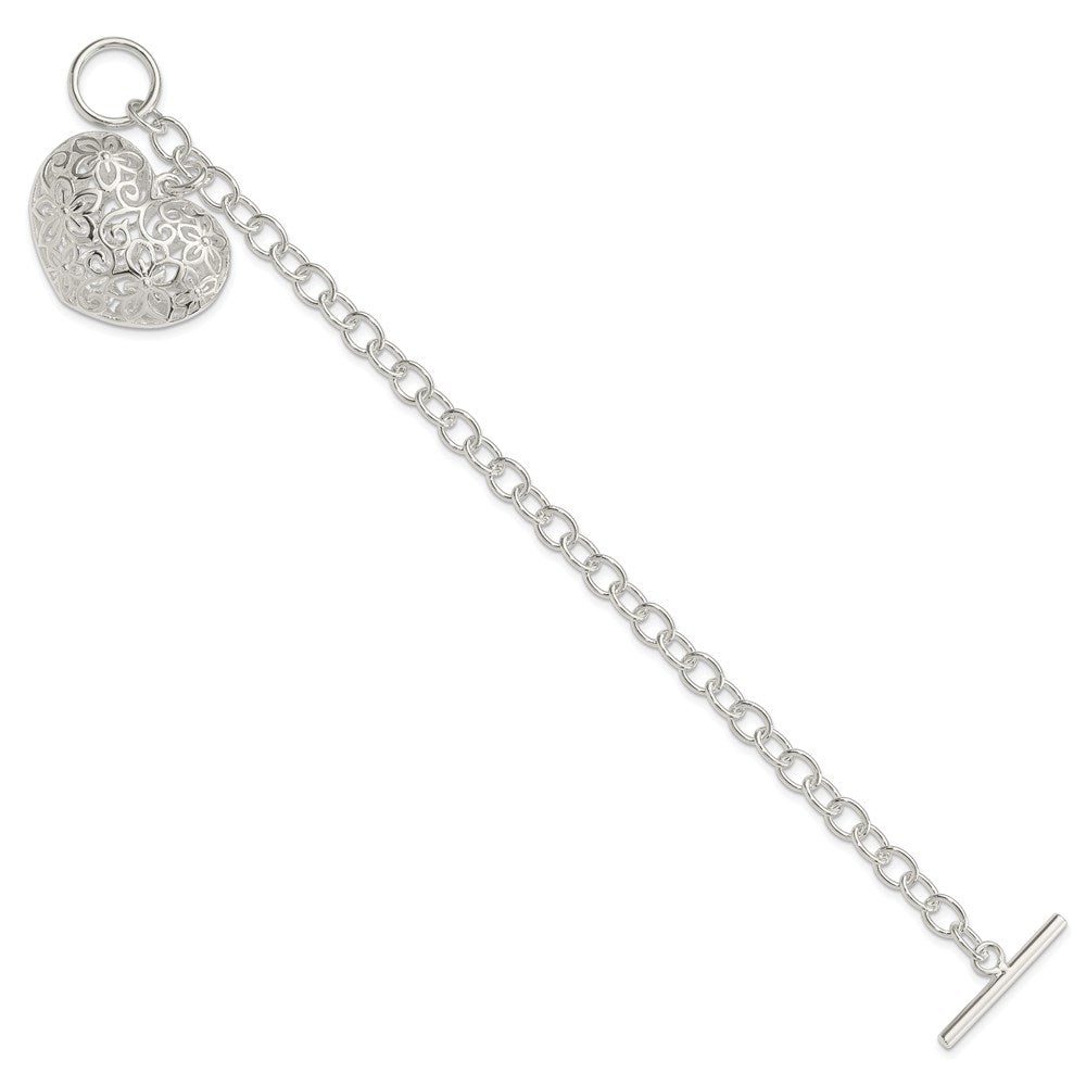 7.75 Inch Sterling Silver Puffed Filigree Heart Toggle Bracelet