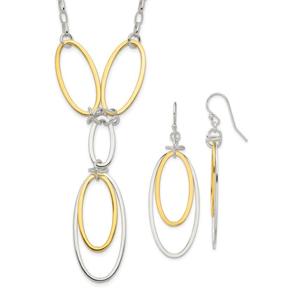 Sterling Silver And Vermeil Polished Drop Necklace Earring Set