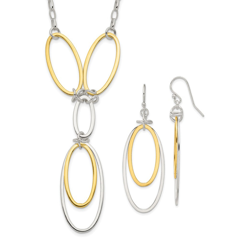 Sterling Silver And Vermeil Polished Drop Necklace Earring Set