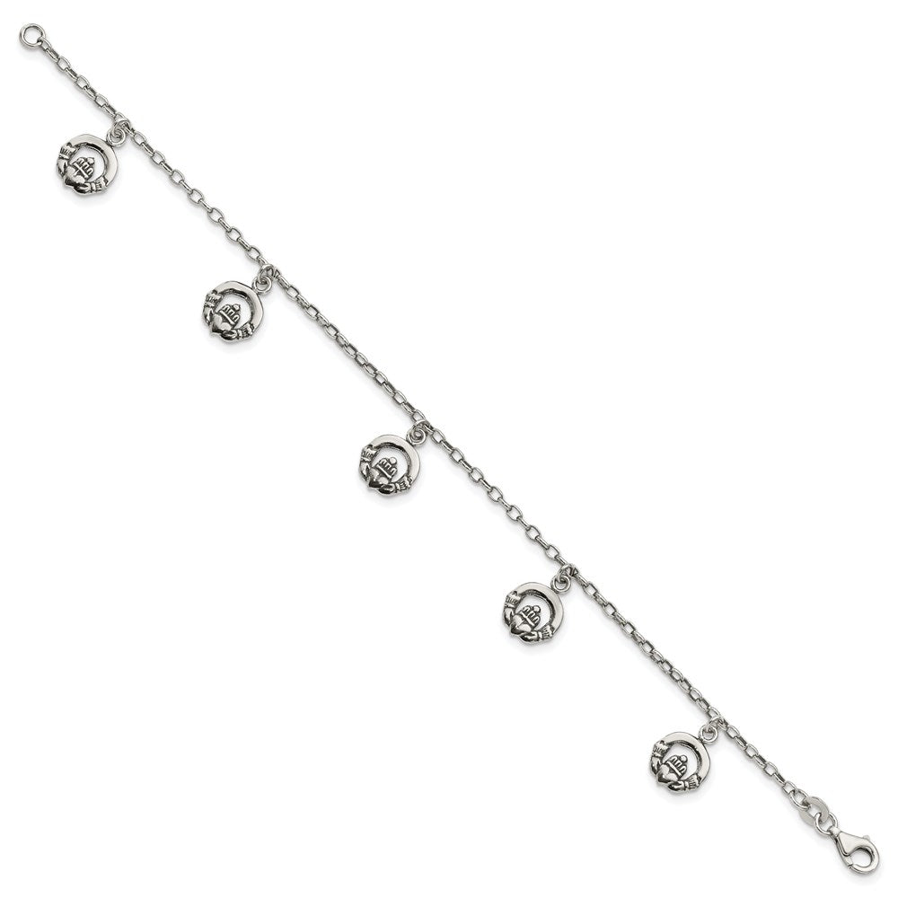 7 Inch Sterling Silver Antiqued Claddagh Bracelet