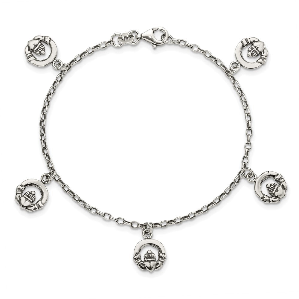 7 Inch Sterling Silver Antiqued Claddagh Bracelet
