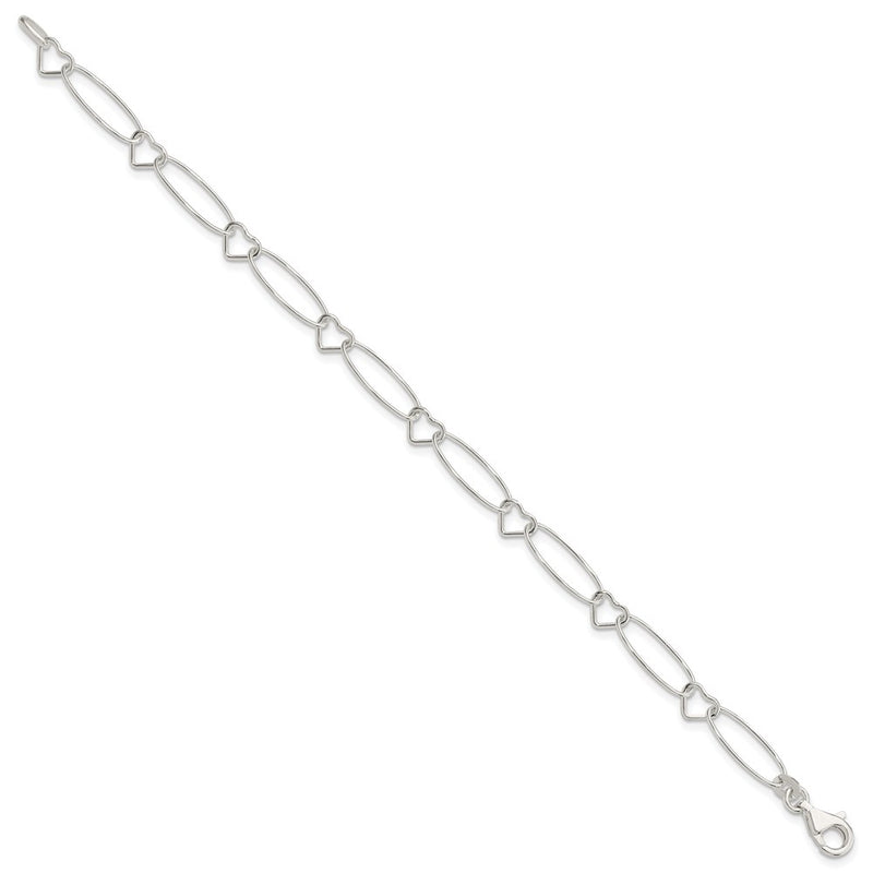 7.5 Inch Sterling Silver Oval Link W/Hearts Bracelet