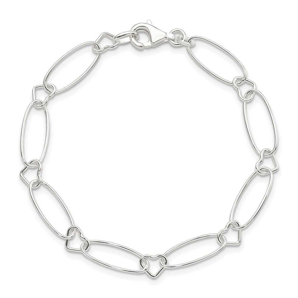 7.5 Inch Sterling Silver Oval Link W/Hearts Bracelet