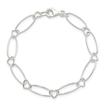 7.5 Inch Sterling Silver Oval Link W/Hearts Bracelet