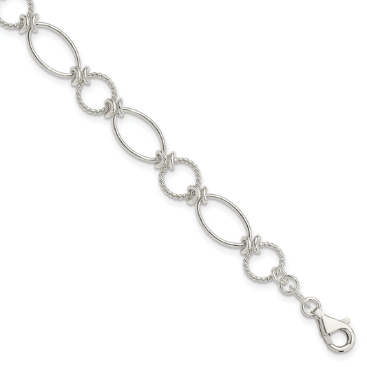 7.5 Inch Sterling Silver Polished Textured Fancy Circle And Oval Link Bracelet