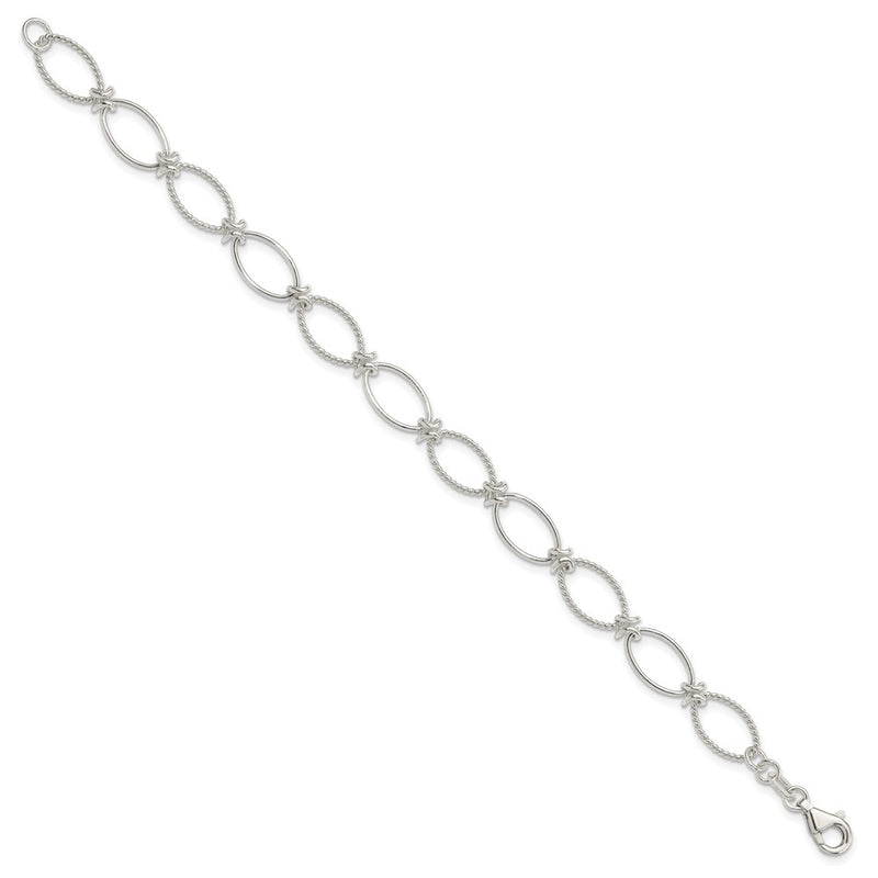 7.5 Inch Sterling Silver Polished Textured Fancy Oval Link Bracelet