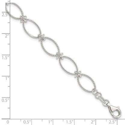 7.5 Inch Sterling Silver Polished Textured Fancy Oval Link Bracelet