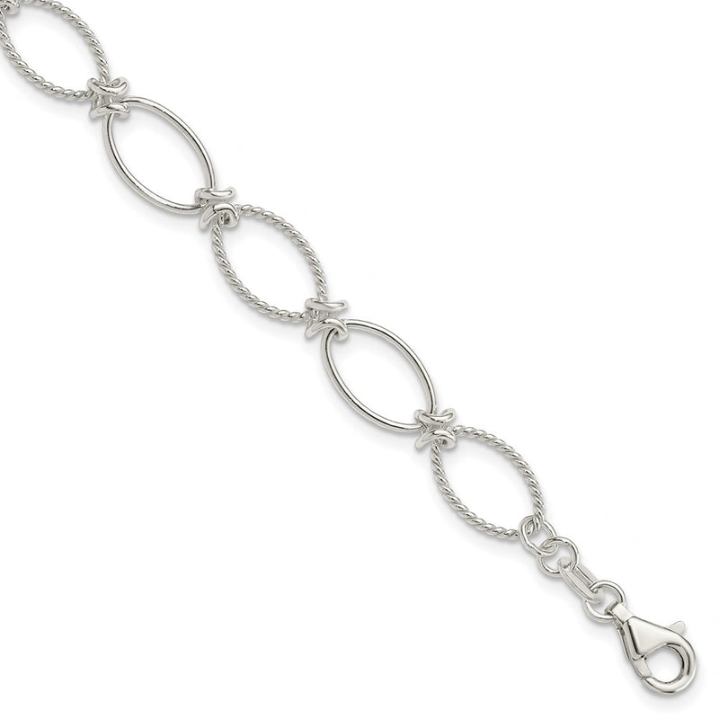 7.5 Inch Sterling Silver Polished Textured Fancy Oval Link Bracelet