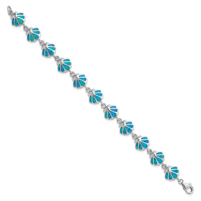 7 Inch Sterling Silver Rhodium-Plated 7In Created Blue Opal Inlay Shell Bracelet