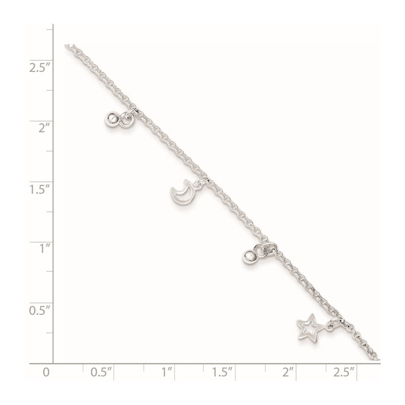 Sterling Silver Polished Bead Star And Moon 9In Plus 1In Ext. Anklet