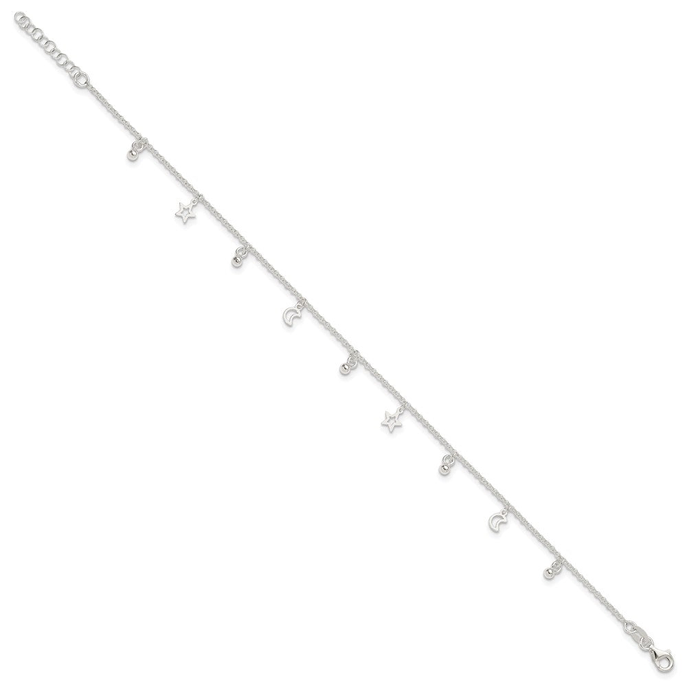 Sterling Silver Polished Bead Star And Moon 9In Plus 1In Ext. Anklet