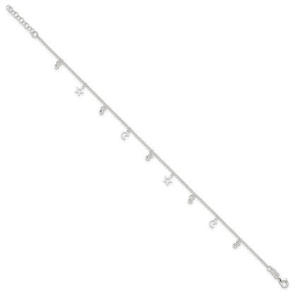 Sterling Silver Polished Bead Star And Moon 9In Plus 1In Ext. Anklet