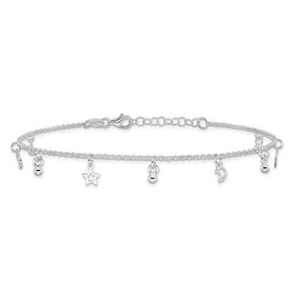 Sterling Silver Polished Bead Star And Moon 9In Plus 1In Ext. Anklet