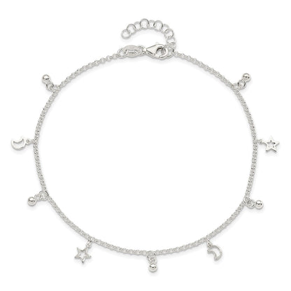 Sterling Silver Polished Bead Star And Moon 9In Plus 1In Ext. Anklet