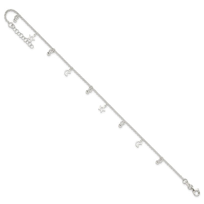Sterling Silver Polished Bead Star And Moon 9In Plus 1In Ext. Anklet