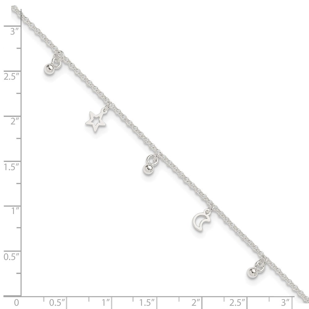 Sterling Silver Polished Bead Star And Moon 9In Plus 1In Ext. Anklet