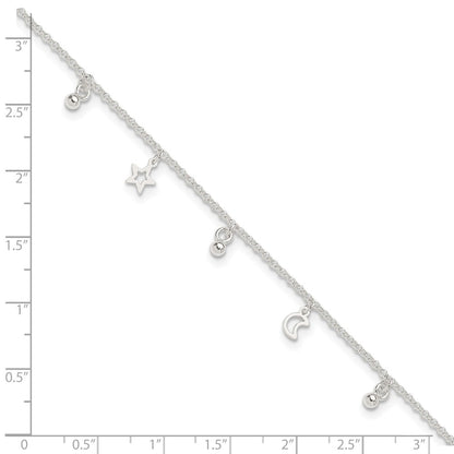 Sterling Silver Polished Bead Star And Moon 9In Plus 1In Ext. Anklet