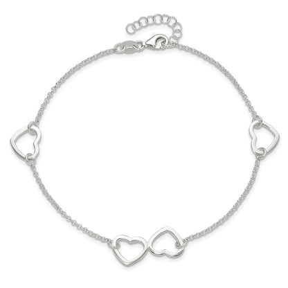 Sterling Silver Polished Heart 9In Plus 1In Ext. Anklet