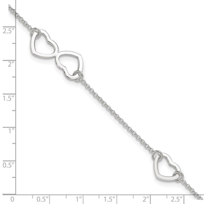 Sterling Silver Polished Heart 9In Plus 1In Ext. Anklet