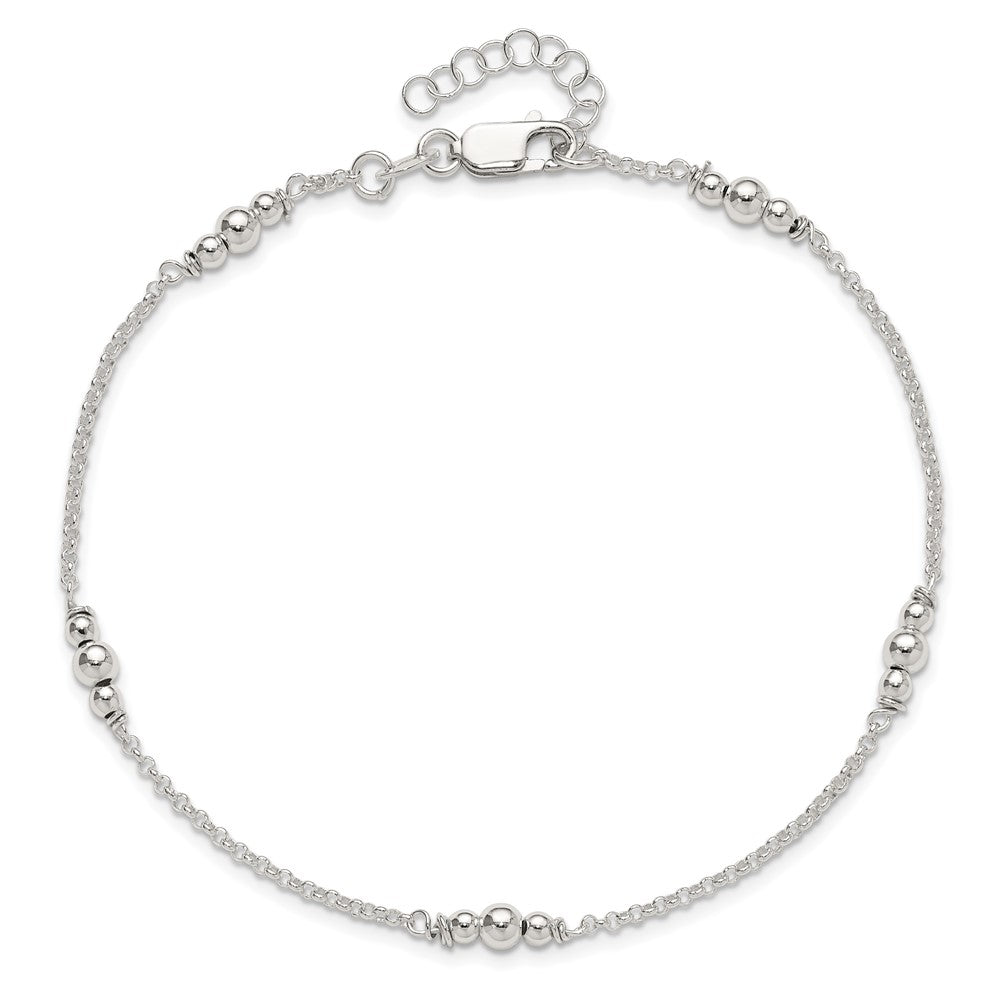Sterling Silver Polished Bead 9In Plus 1In Ext. Anklet