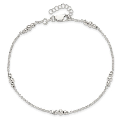 Sterling Silver Polished Bead 9In Plus 1In Ext. Anklet