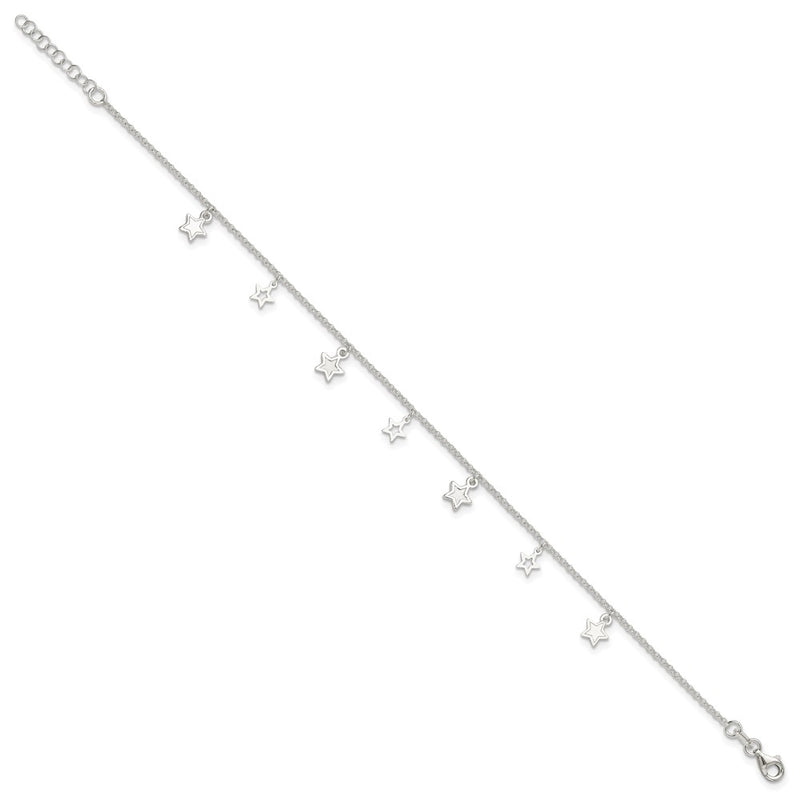 Sterling Silver Polished And Textured Star 9In Plus 1In Ext. Anklet